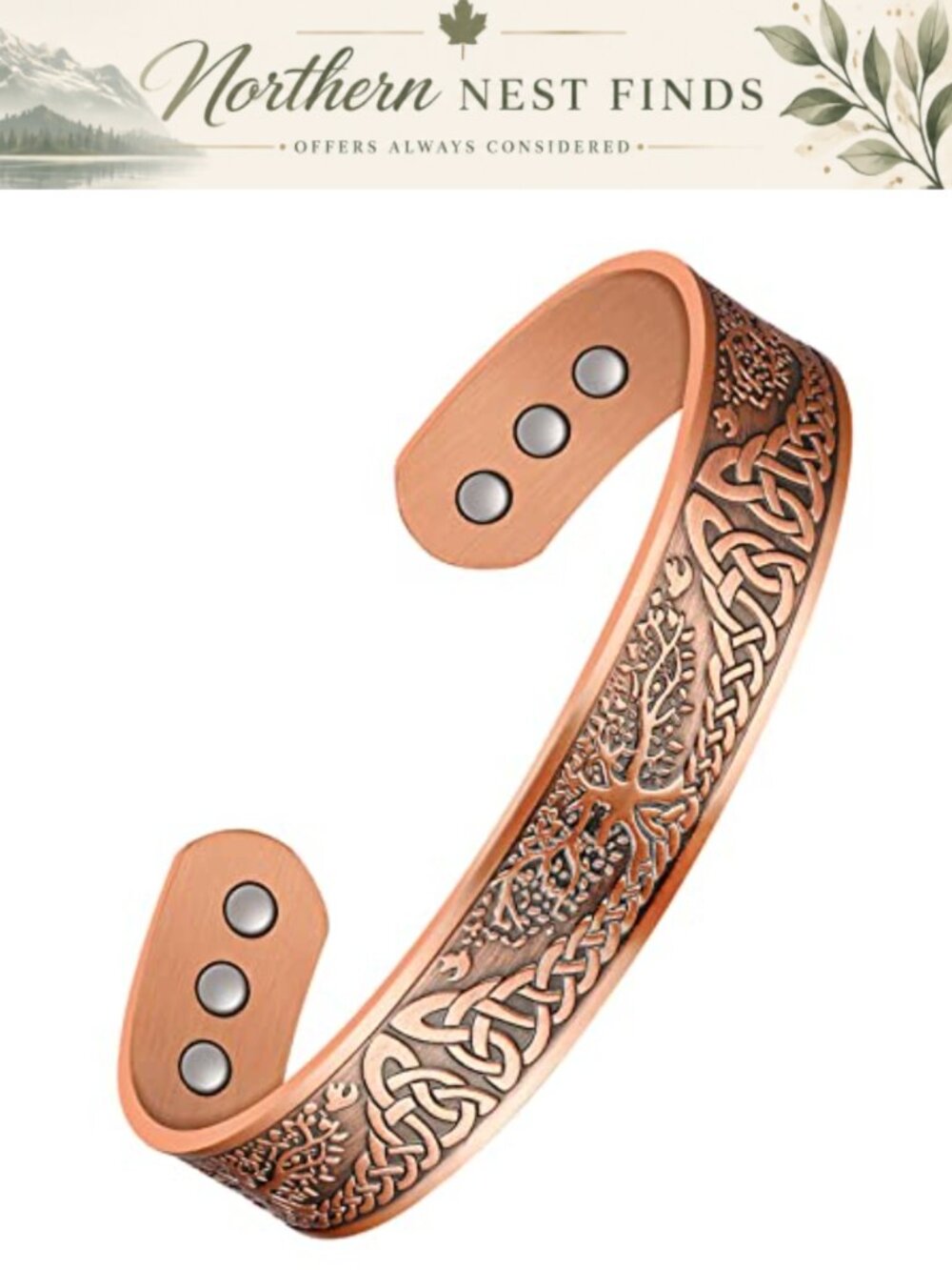 Copper Magnetic Therapy Cuff Bracelet Tree of Life Adjustable Vintage Flower